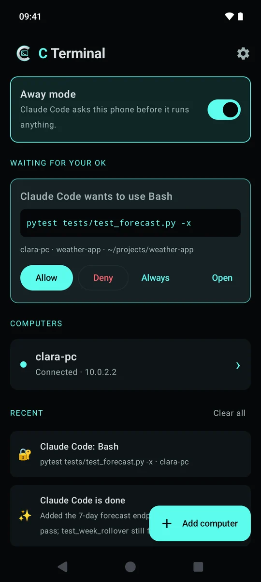 Home: away mode on, a Claude Code approval waiting, computers and recent events