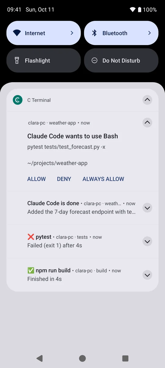 Notifications: Claude Code wants to use Bash with Allow, Deny, Always allow; tests failed; build finished